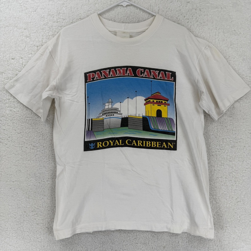 VINTAGE Royal Caribbean Shirt Mens Small White Panama Canal Cruise Graphic‎ Tee